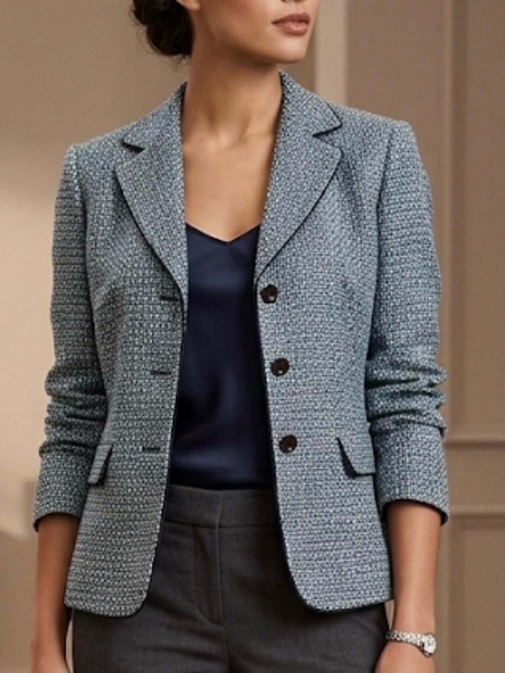Women's Light Blue & black Tweed Notch-Lapel Blazer.